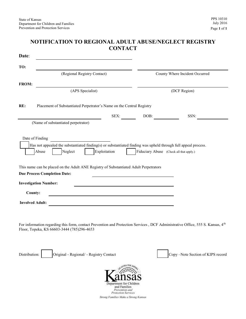 Form PPS10310 Notification to Regional Adult Abuse / Neglect Registry Contact - Kansas, Page 1