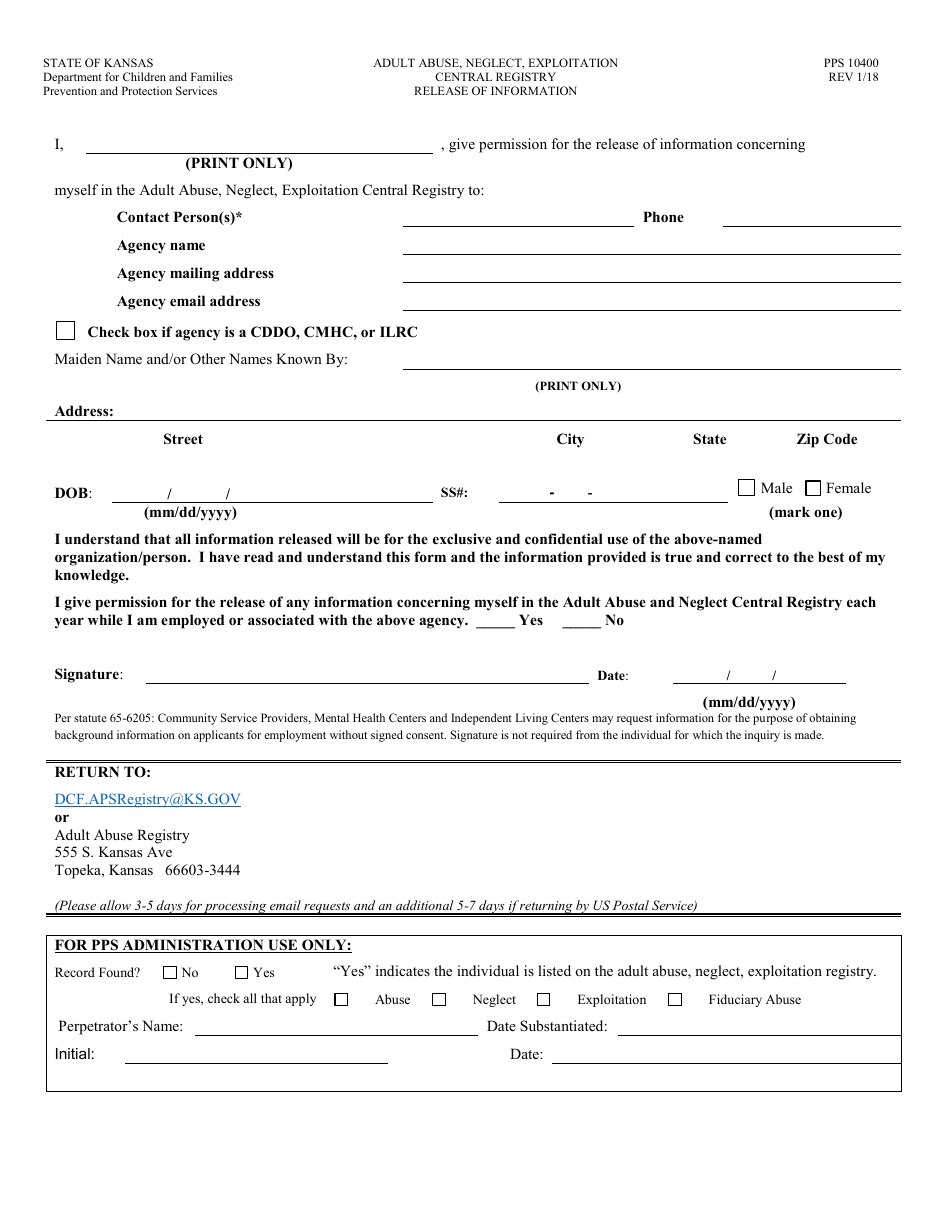 Form PPS10400 Adult Abuse, Neglect, Exploitation Central Registry Release of Information - Kansas, Page 1