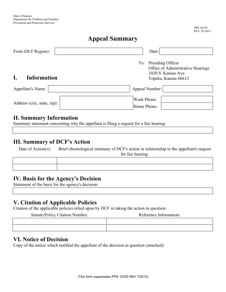 Form PPS10330 Appeal Summary - Kansas, Page 1