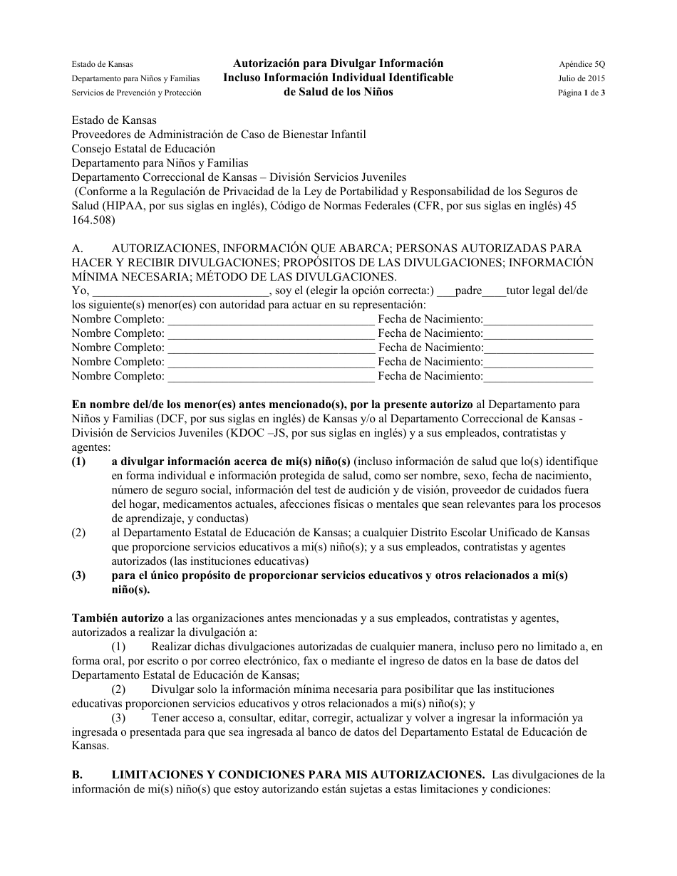 Apendice 5q - Autorizacion Para Divulgar Informacion Incluso Informacion Individual Identificable De Salud De Los Ninos - Kansas (Spanish), Page 1