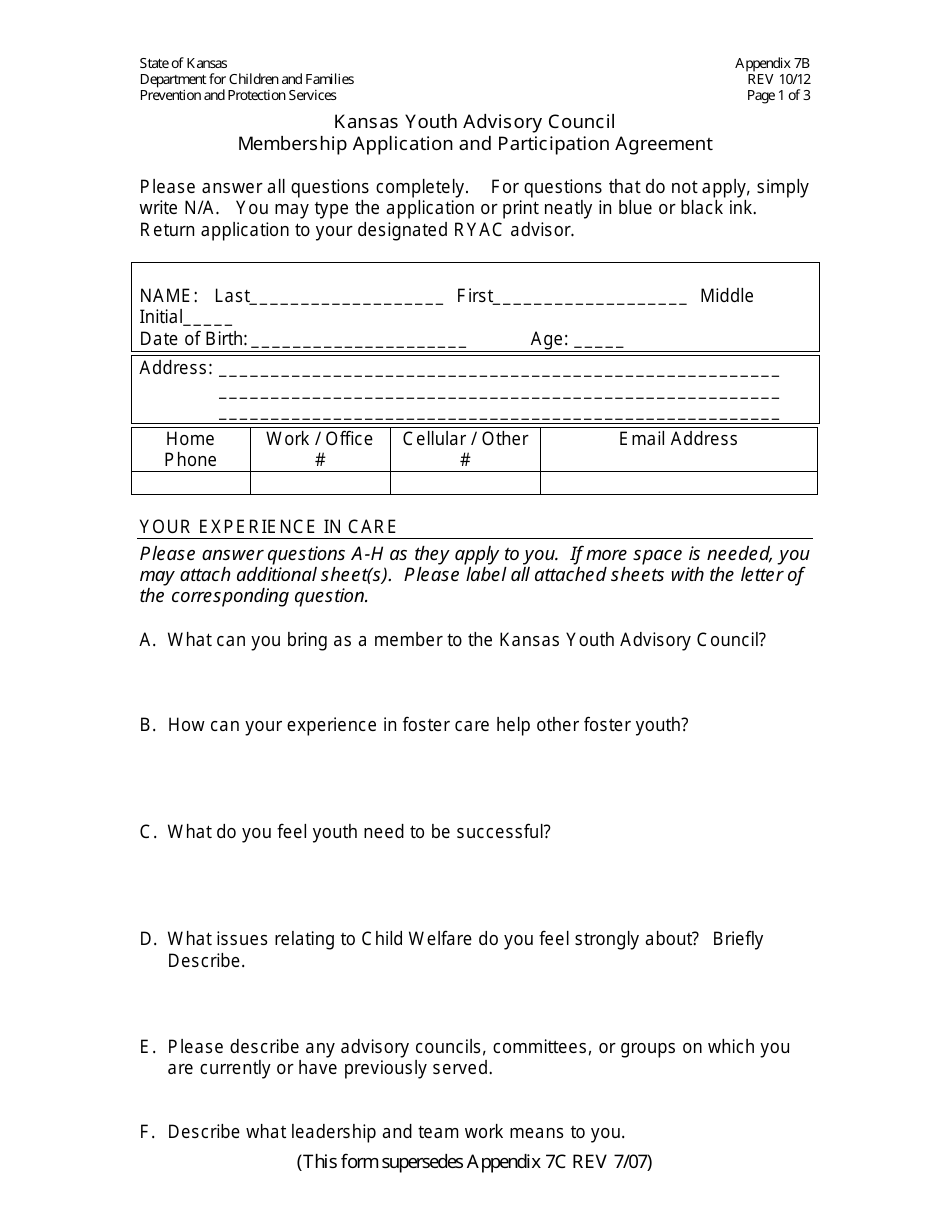 Appendix 7B Kansas Youth Advisory Council Membership Application and Participation Agreement - Kansas, Page 1