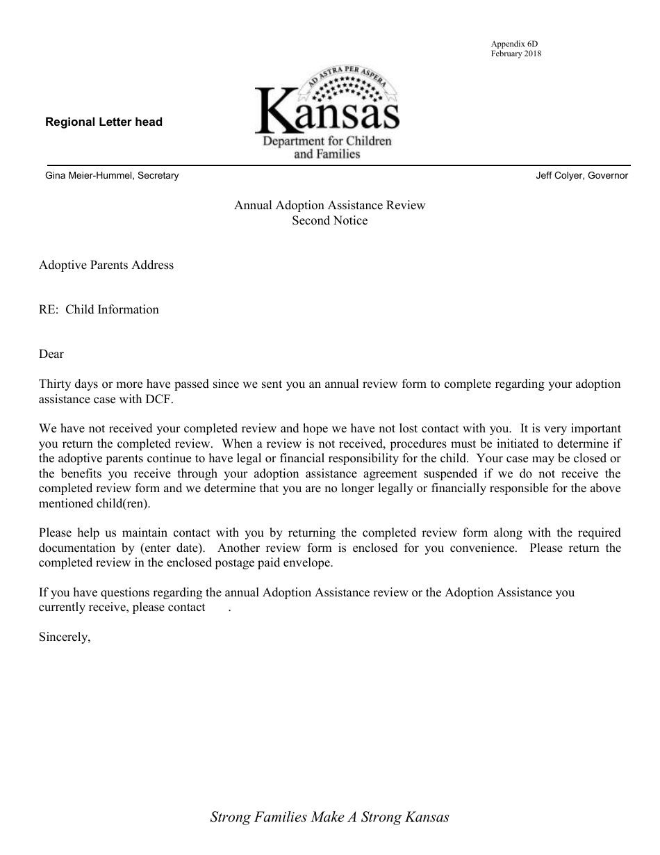 Appendix 6D Annual Adoption Assistance Review - Second Notice - Kansas, Page 1