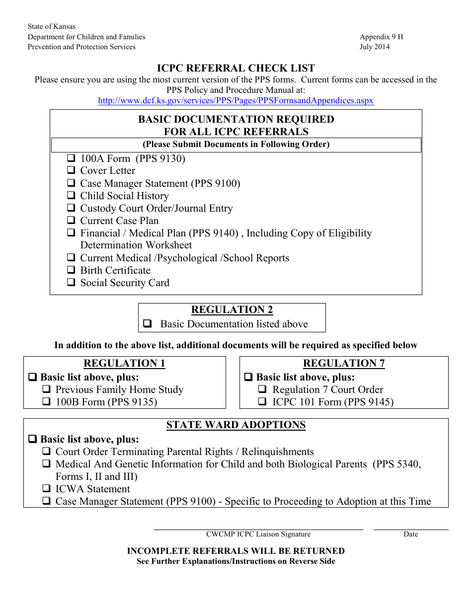 Appendix 9H Icpc Referral Checklist - Kansas, Page 1