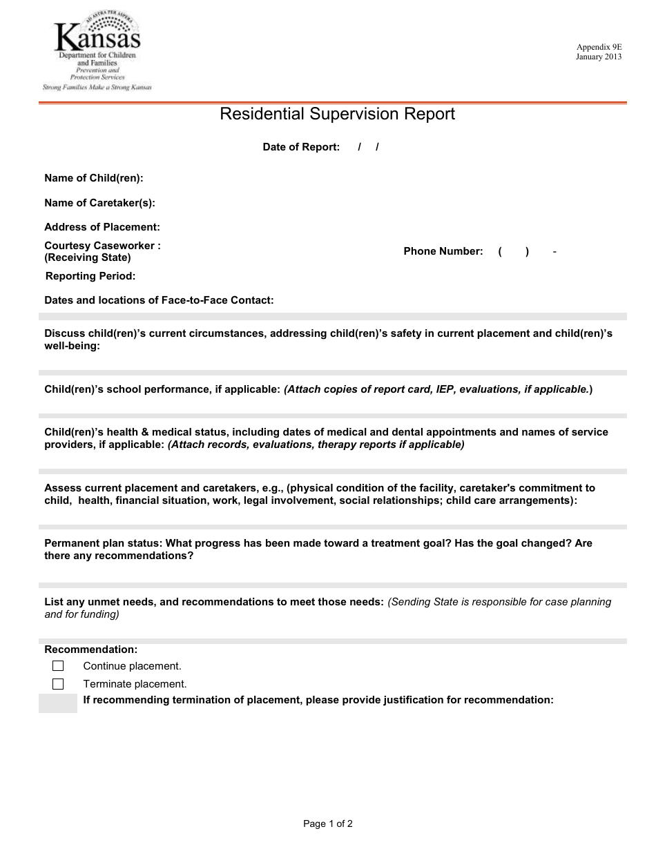 Appendix 9E Residential Supervision Report - Kansas, Page 1