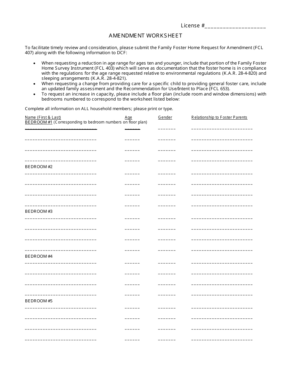 Form FCL407 Amendment Worksheet - Kansas, Page 1