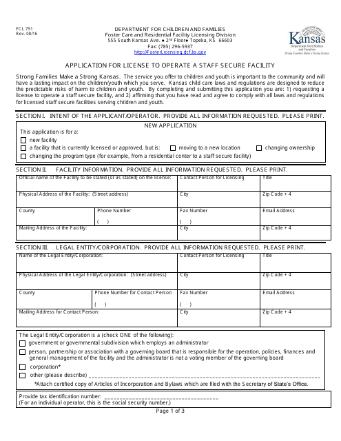 Form FCL751 Application for License to Operate a Staff Secure Facility - Kansas