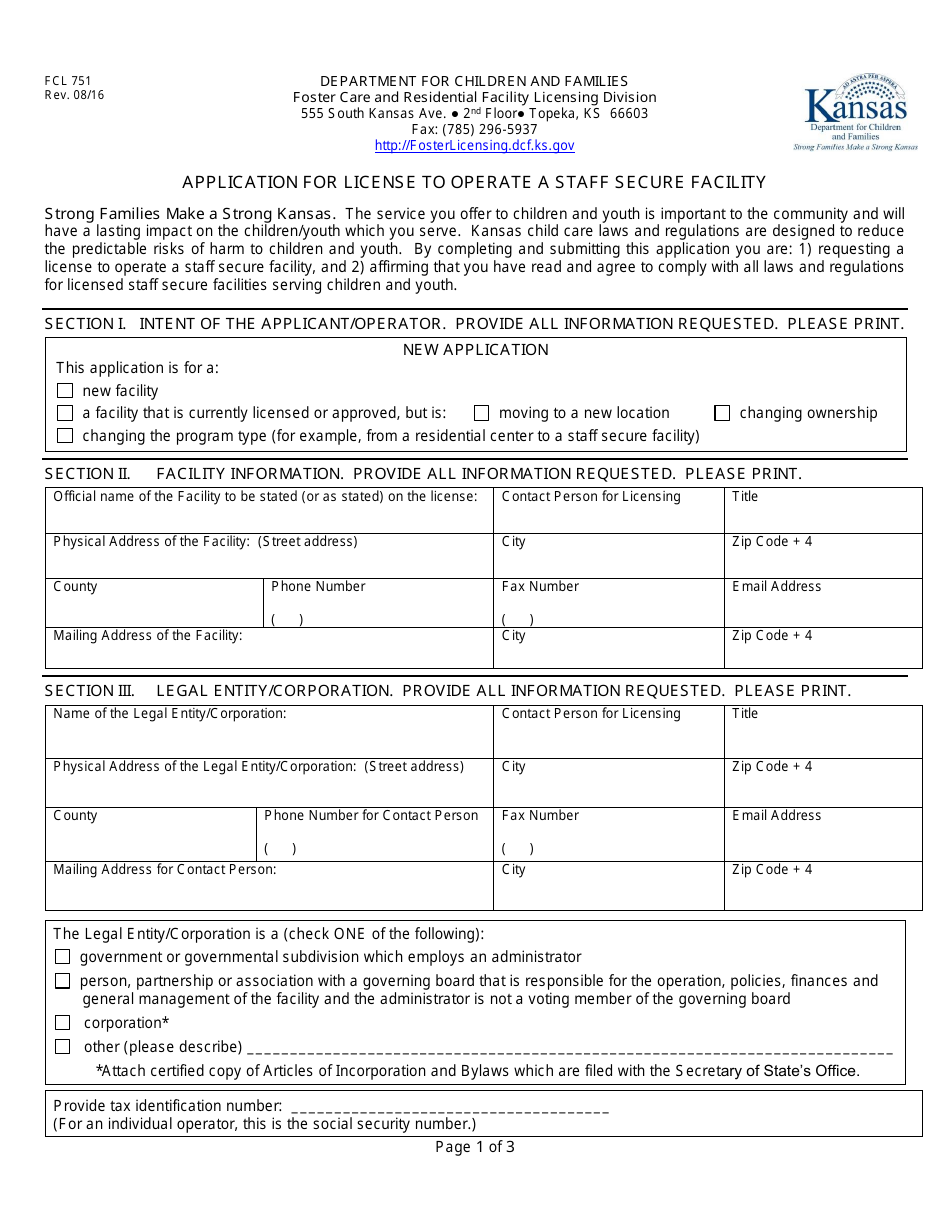 Form FCL751 Application for License to Operate a Staff Secure Facility - Kansas, Page 1