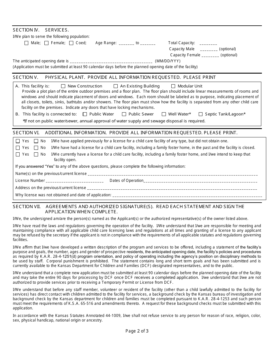 Form FCL751 Application for License to Operate a Staff Secure Facility - Kansas, Page 2