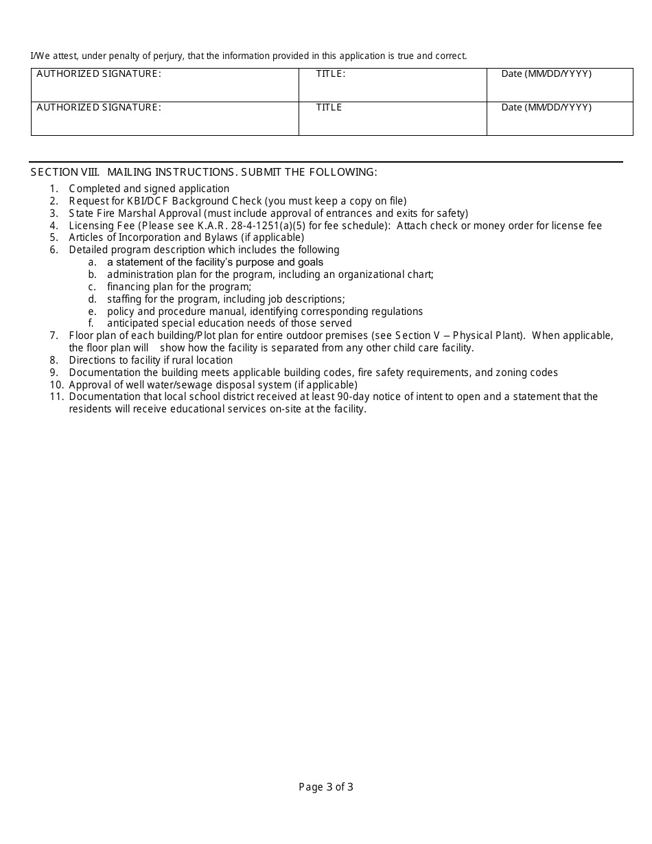 Form FCL751 Application for License to Operate a Staff Secure Facility - Kansas, Page 3