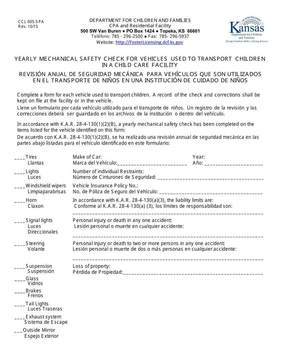Form CCL005-SPA Yearly Mechanical Safety Check for Vehicles Used to Transport Children in a Child Care Facility - Kansas (English / Spanish), Page 1