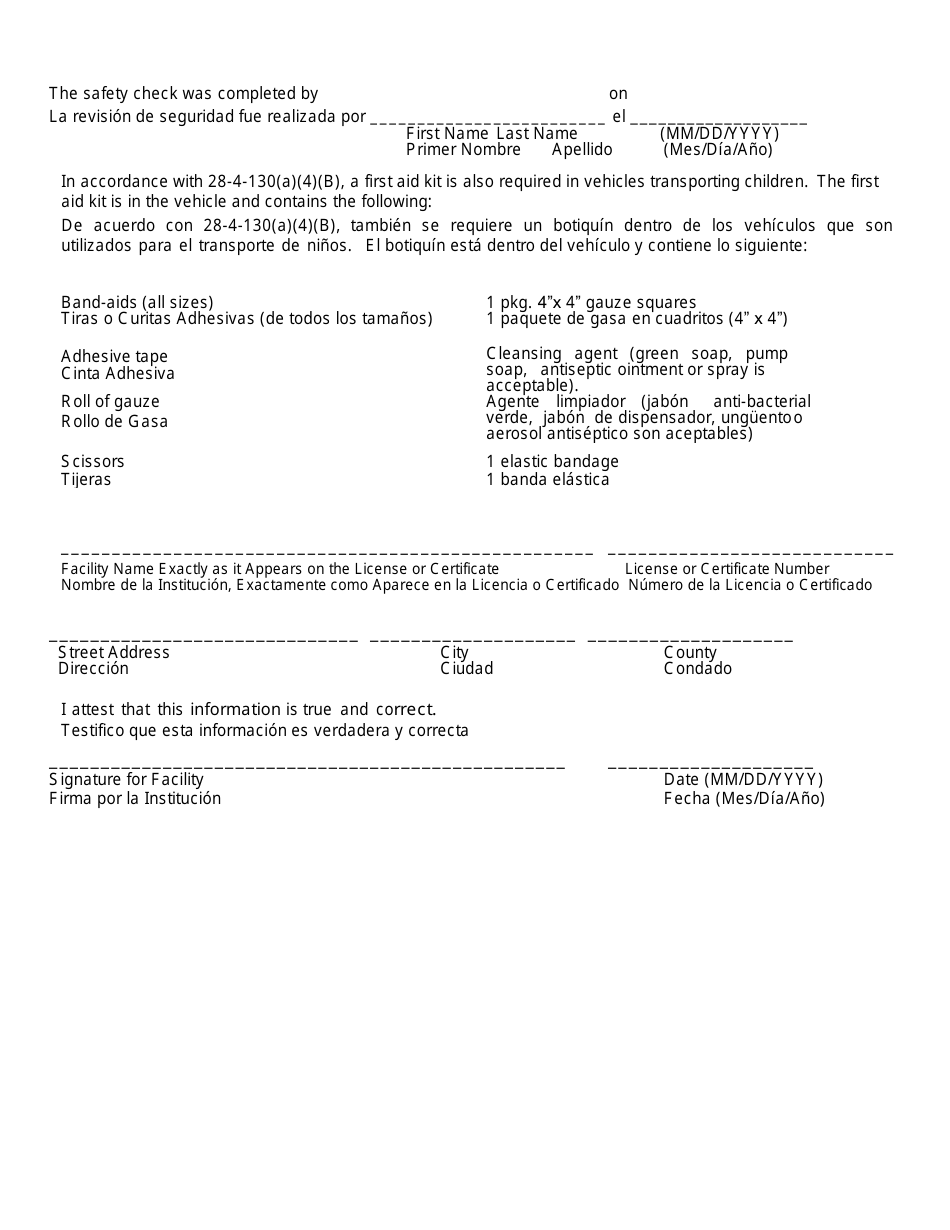 Form CCL005-SPA Yearly Mechanical Safety Check for Vehicles Used to Transport Children in a Child Care Facility - Kansas (English / Spanish), Page 2