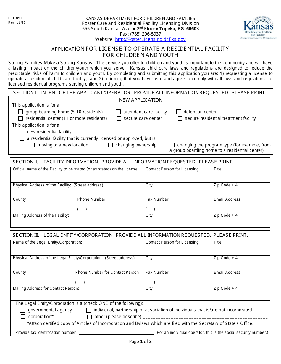 Form FCL051 Application for License to Operate a Residential Facility for Children and Youth - Kansas, Page 1
