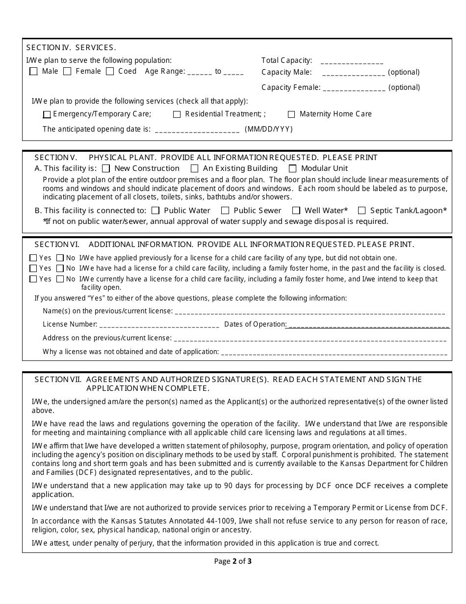 Form FCL051 Application for License to Operate a Residential Facility for Children and Youth - Kansas, Page 2