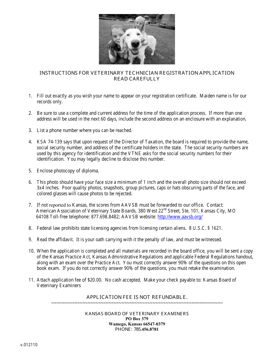 Application for Kansas Veterinary Technician Registration - Kansas, Page 1