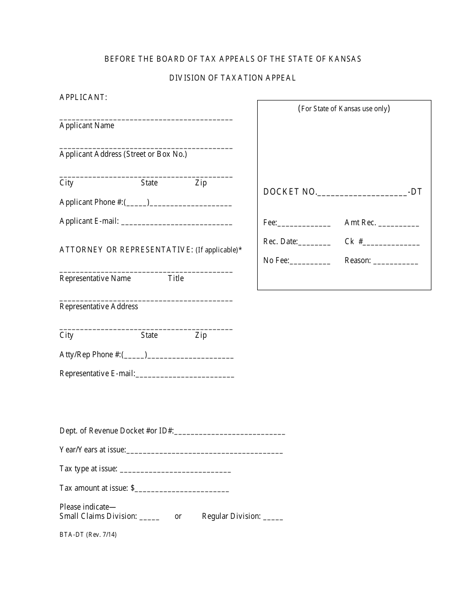 Form BTA-DT - Fill Out, Sign Online and Download Fillable PDF, Kansas ...