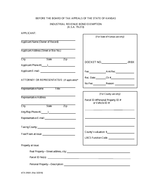 Form BTA-IRBX Industrial Revenue Bond Exemption - Kansas