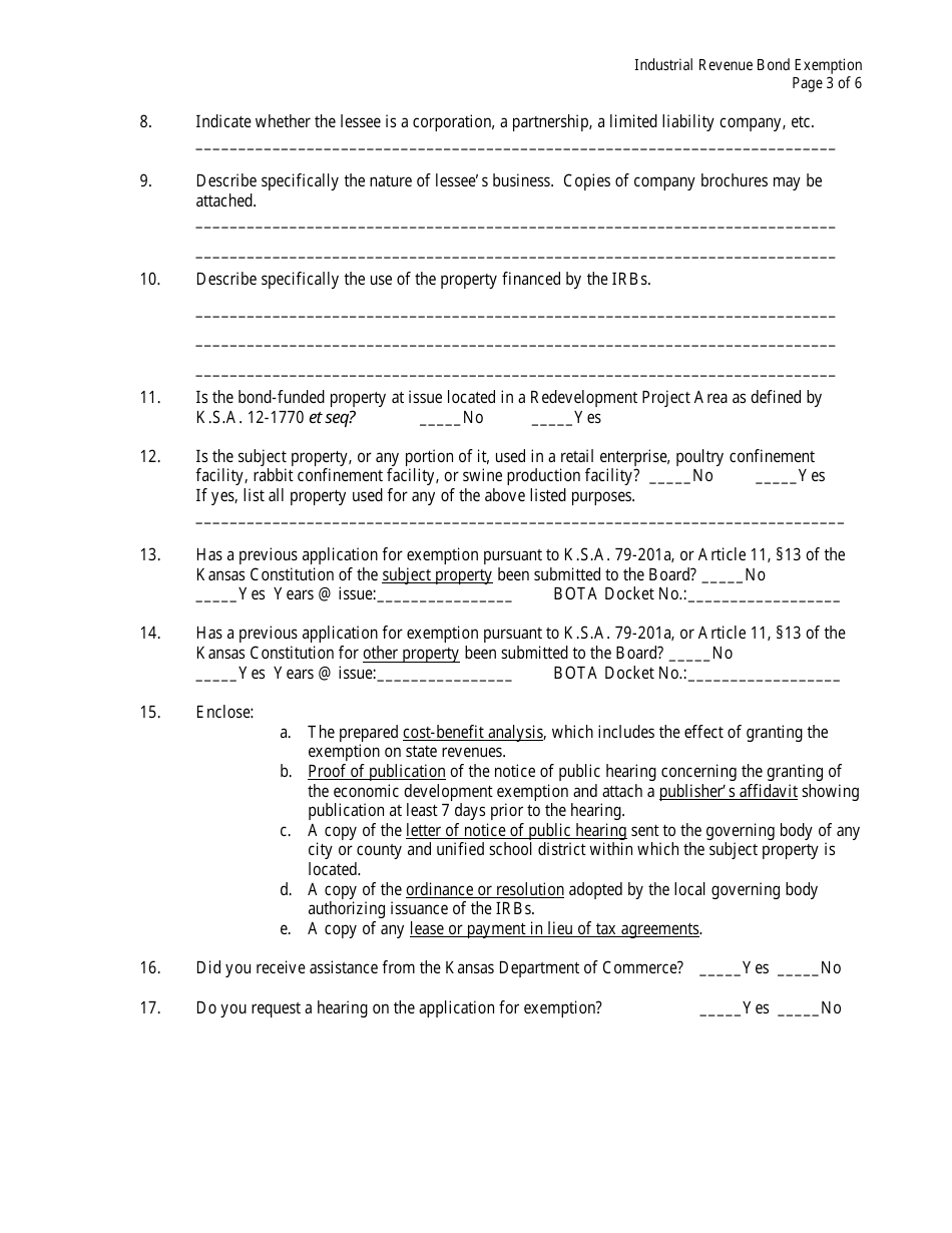 Form BTA-IRBX Industrial Revenue Bond Exemption - Kansas, Page 3