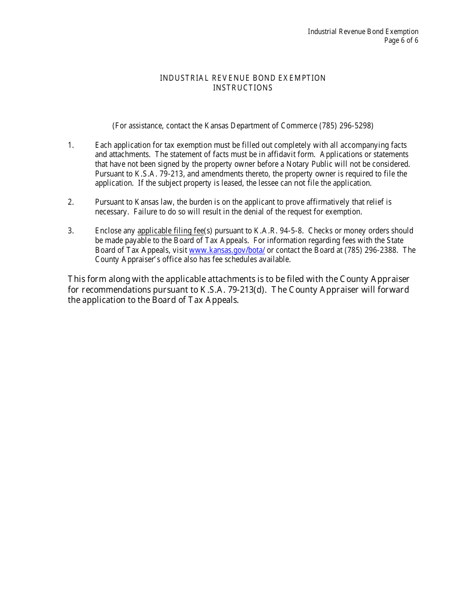 Form BTA-IRBX Industrial Revenue Bond Exemption - Kansas, Page 6