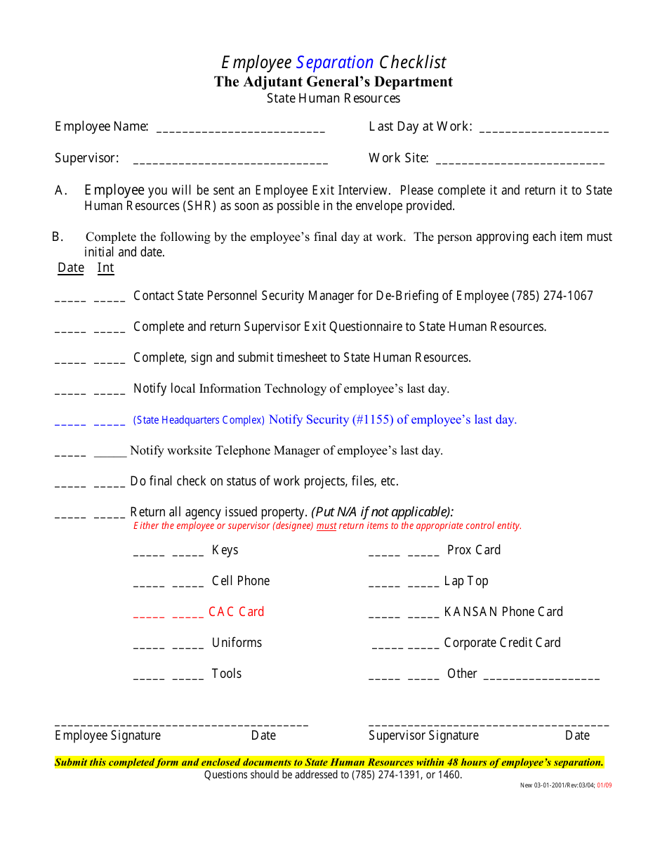 Kansas Employee Separation Checklist Fill Out, Sign Online and