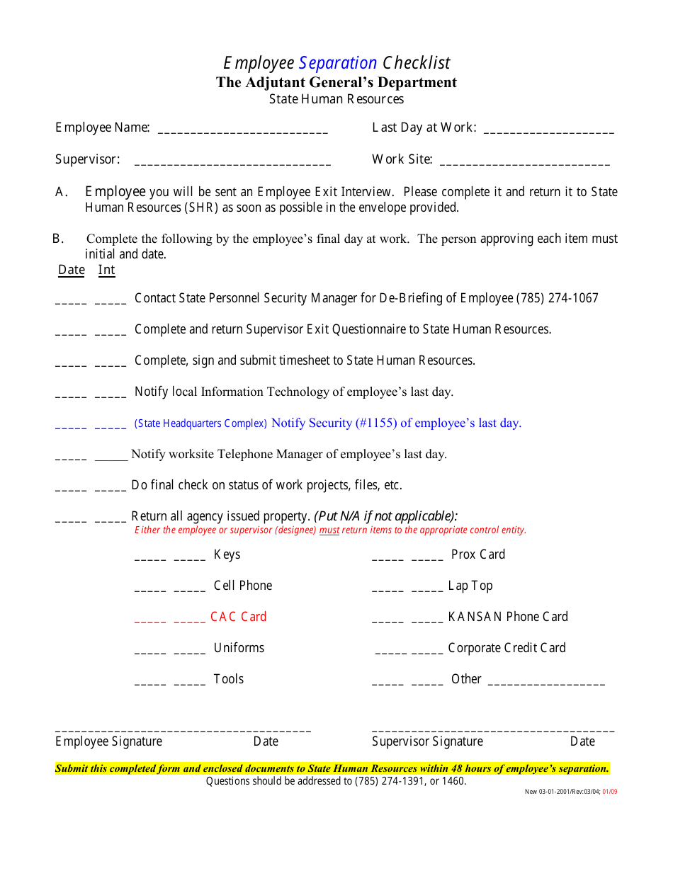 Employee Separation Checklist - Kansas, Page 1