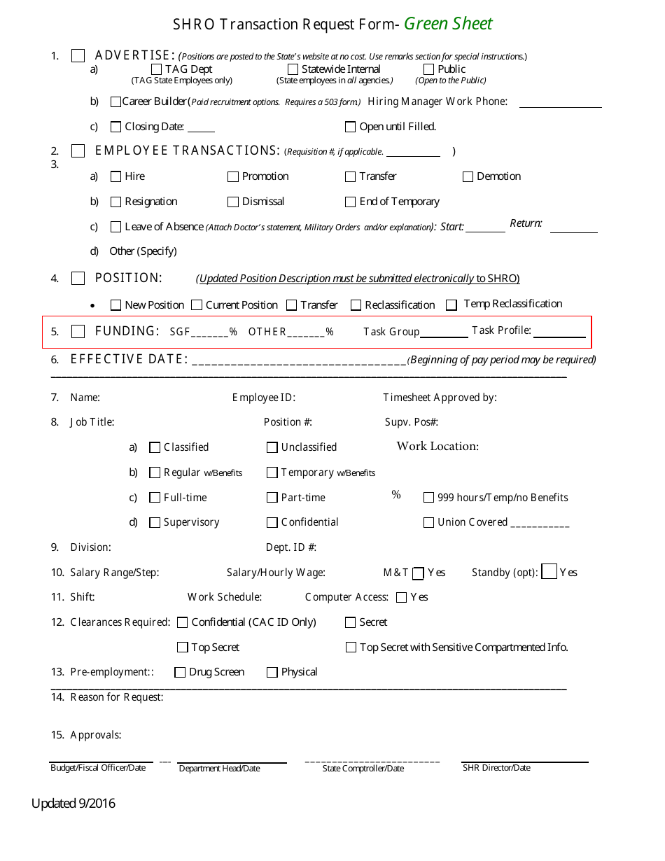 Shro Transaction Request Form - Green Sheet - Kansas, Page 1