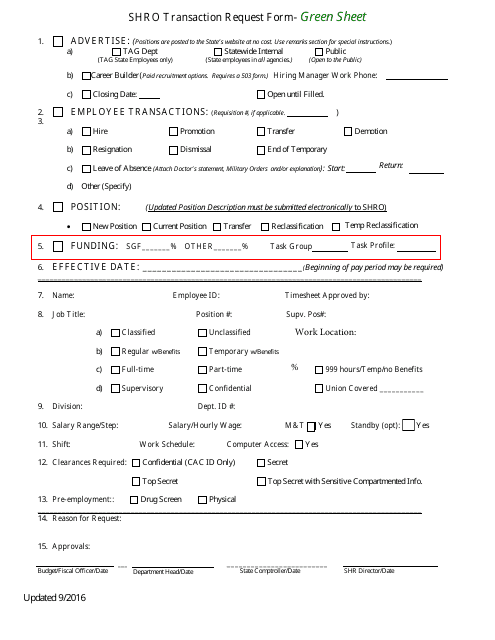 Shro Transaction Request Form - Green Sheet - Kansas