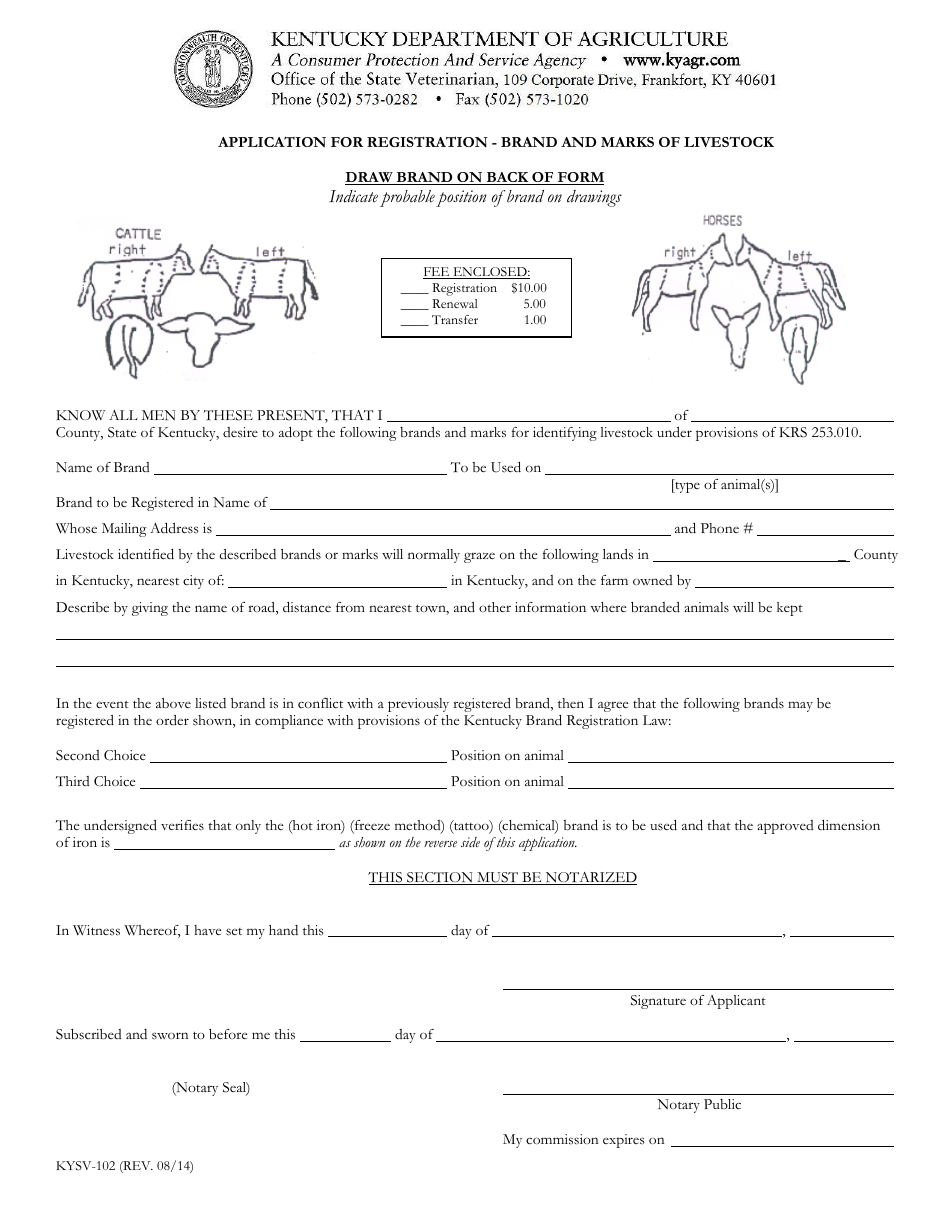 Form KYSV-102 Application for Registration - Brand and Marks of Livestock - Kentucky, Page 1