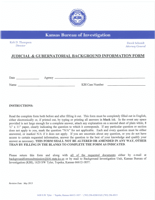 Judicial and Gubernatorial Background Information Form - Kansas Download Pdf