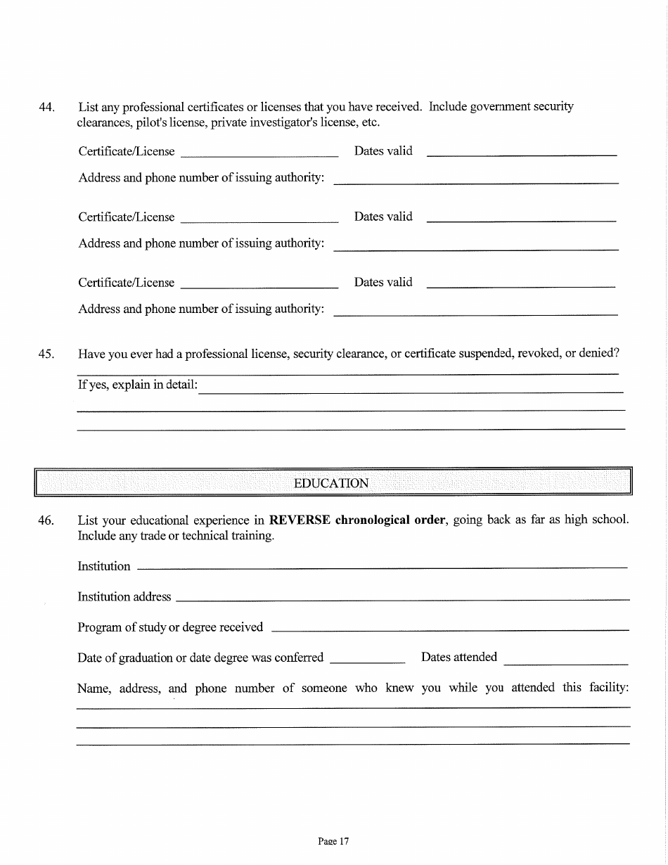 Judicial and Gubernatorial Background Information Form - Kansas, Page 17