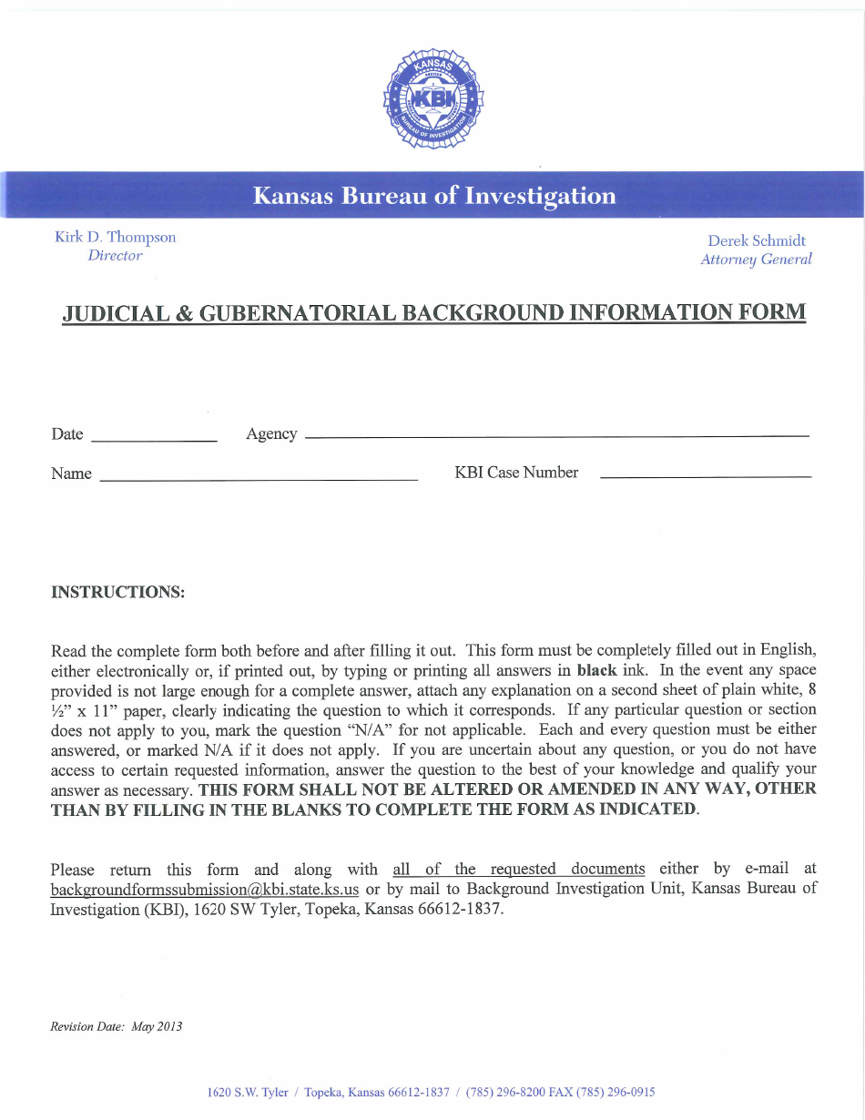 Judicial and Gubernatorial Background Information Form - Kansas, Page 1