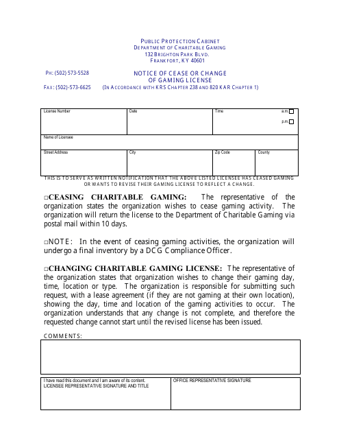 Notice of Cease or Change of Gaming License - Kentucky Download Pdf