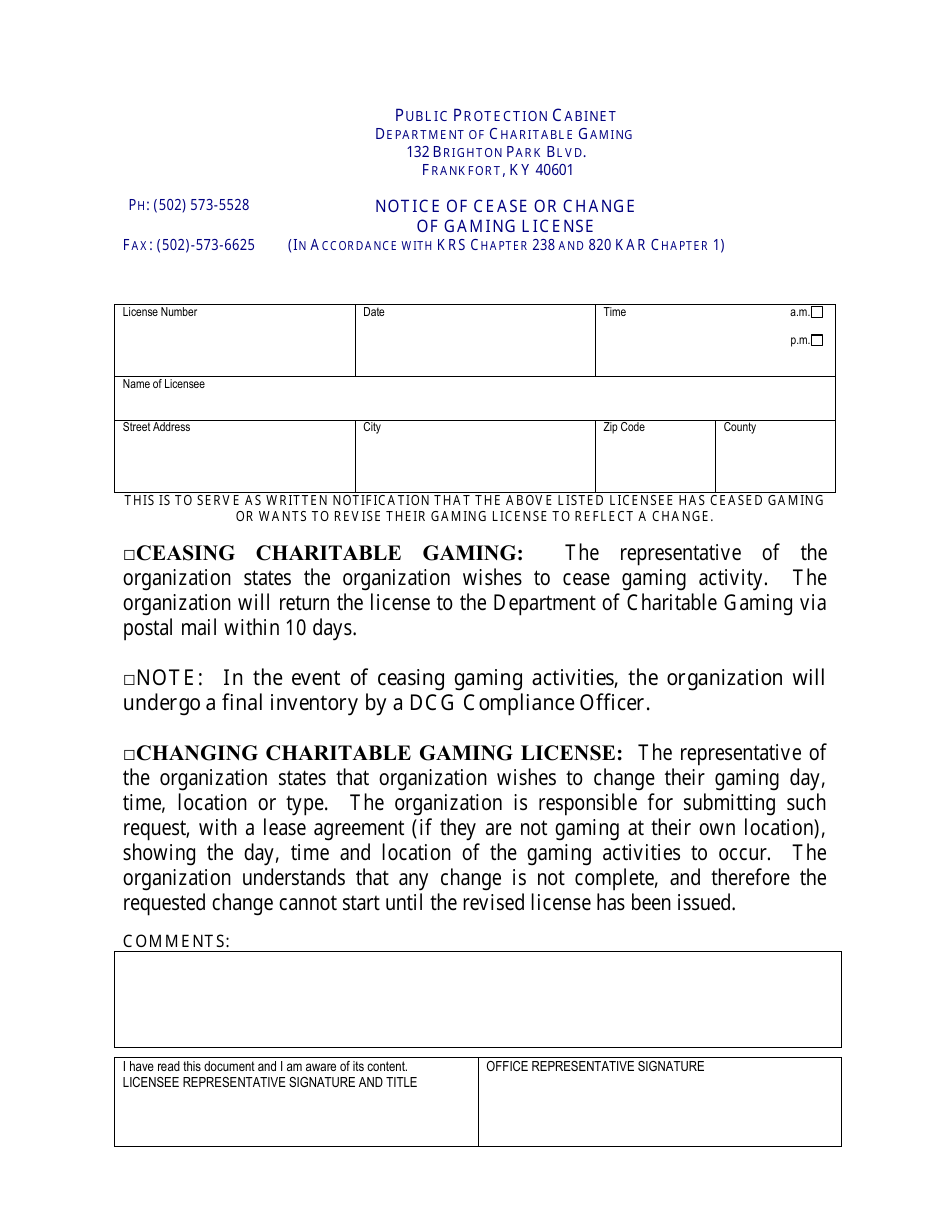 Notice of Cease or Change of Gaming License - Kentucky, Page 1