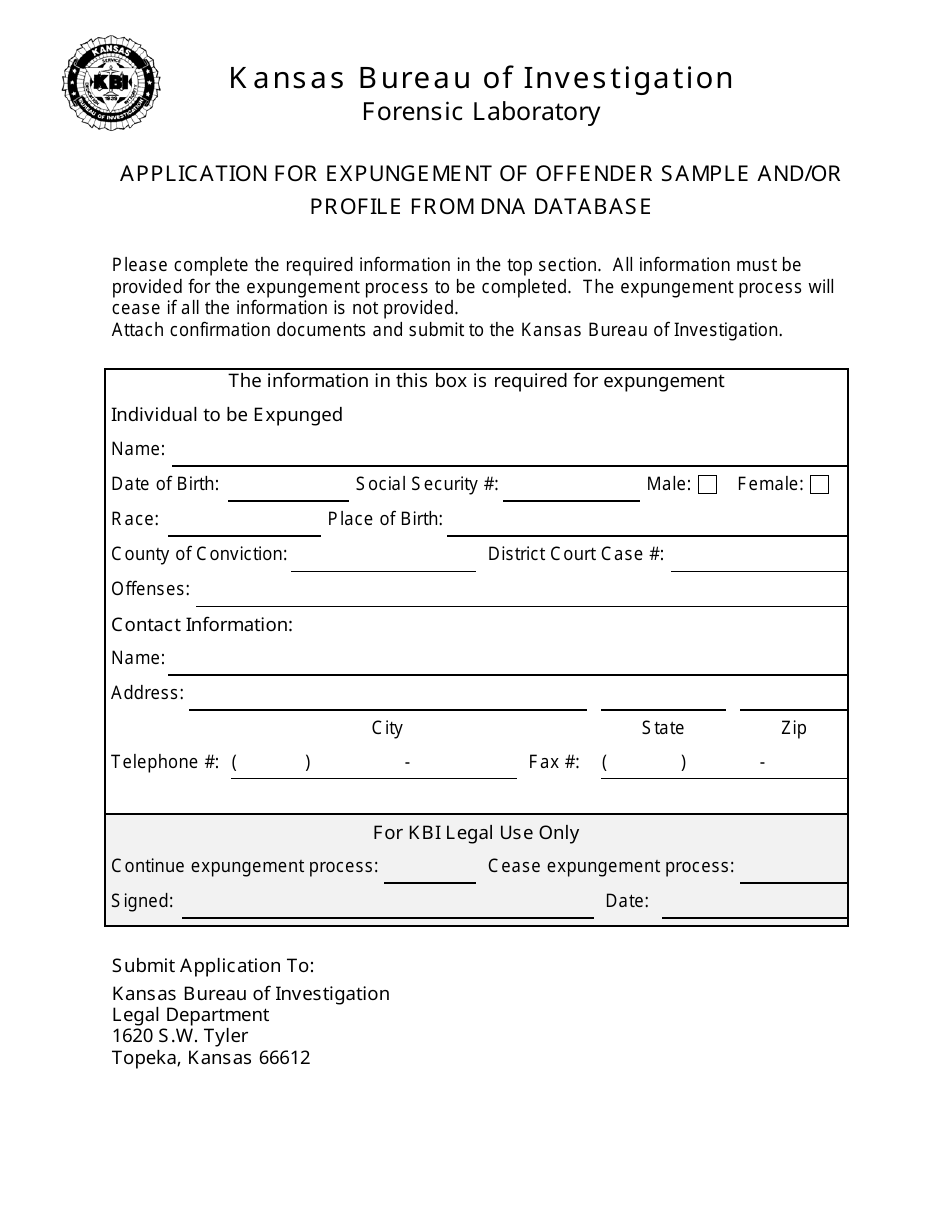 Application for Expungement of Offender Sample and / or Profile From Dna Database - Kansas, Page 1