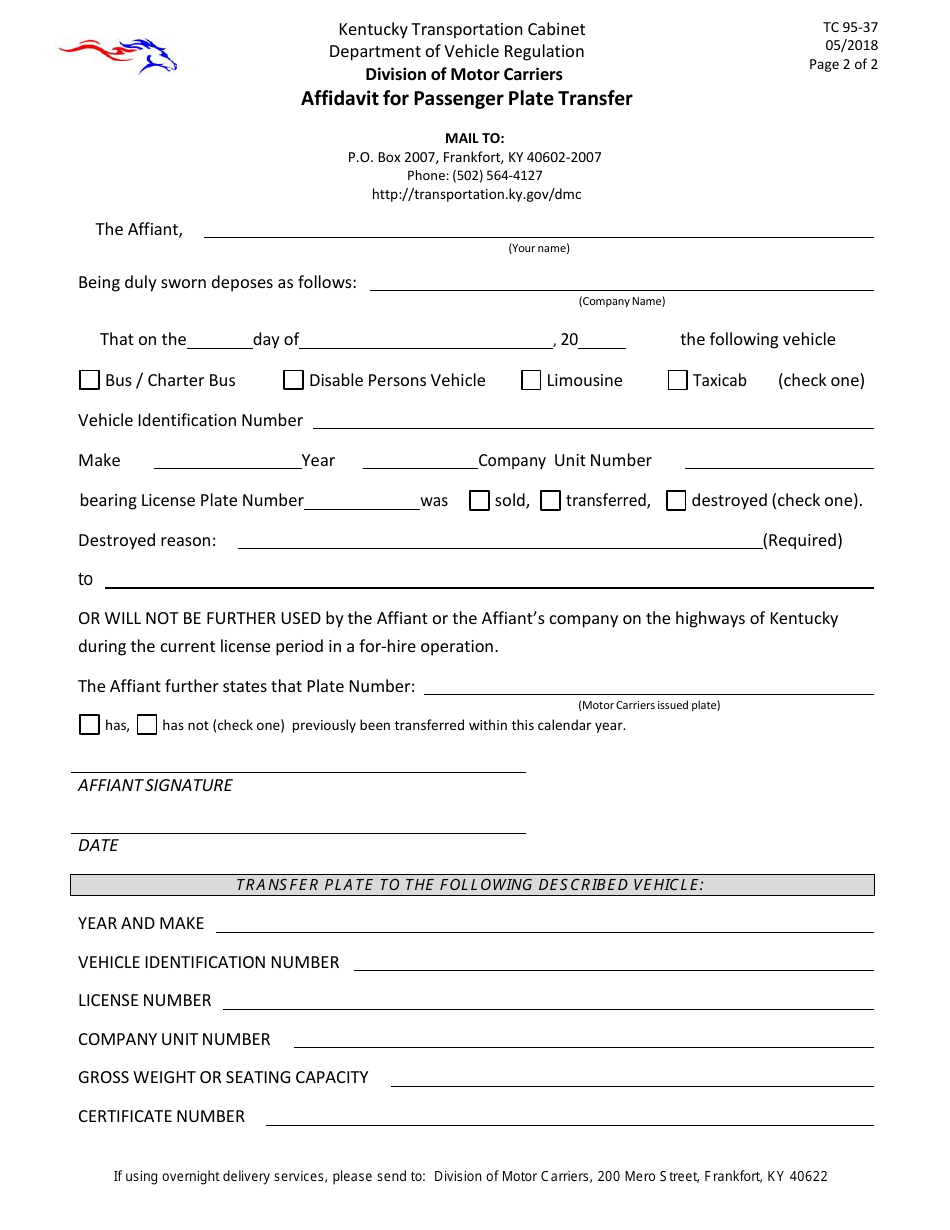 Form TC95-37 Affidavit for Passenger Plate Transfer - Kentucky, Page 2