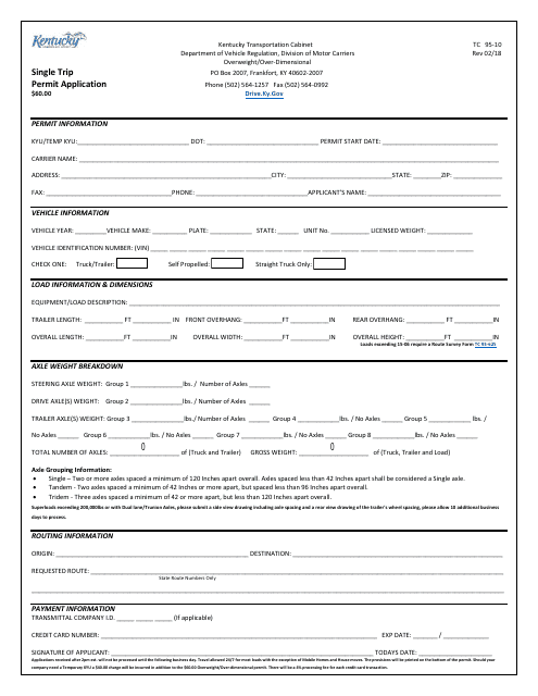 Form TC95-10 Kentucky Overweight/Overdimensional Permit Worksheet - Kentucky