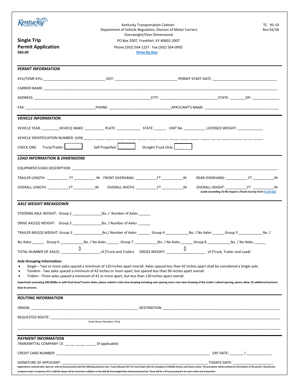 Form TC95-10 Kentucky Overweight / Overdimensional Permit Worksheet - Kentucky, Page 1