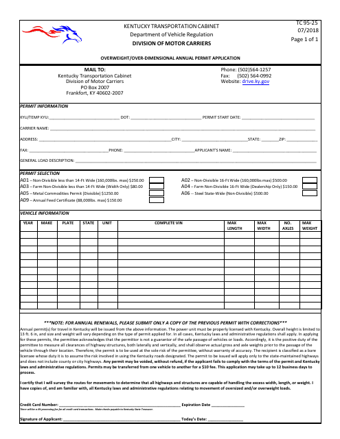 Form TC95-25 Overweight/Over-dimensional Annual Permit Application - Kentucky