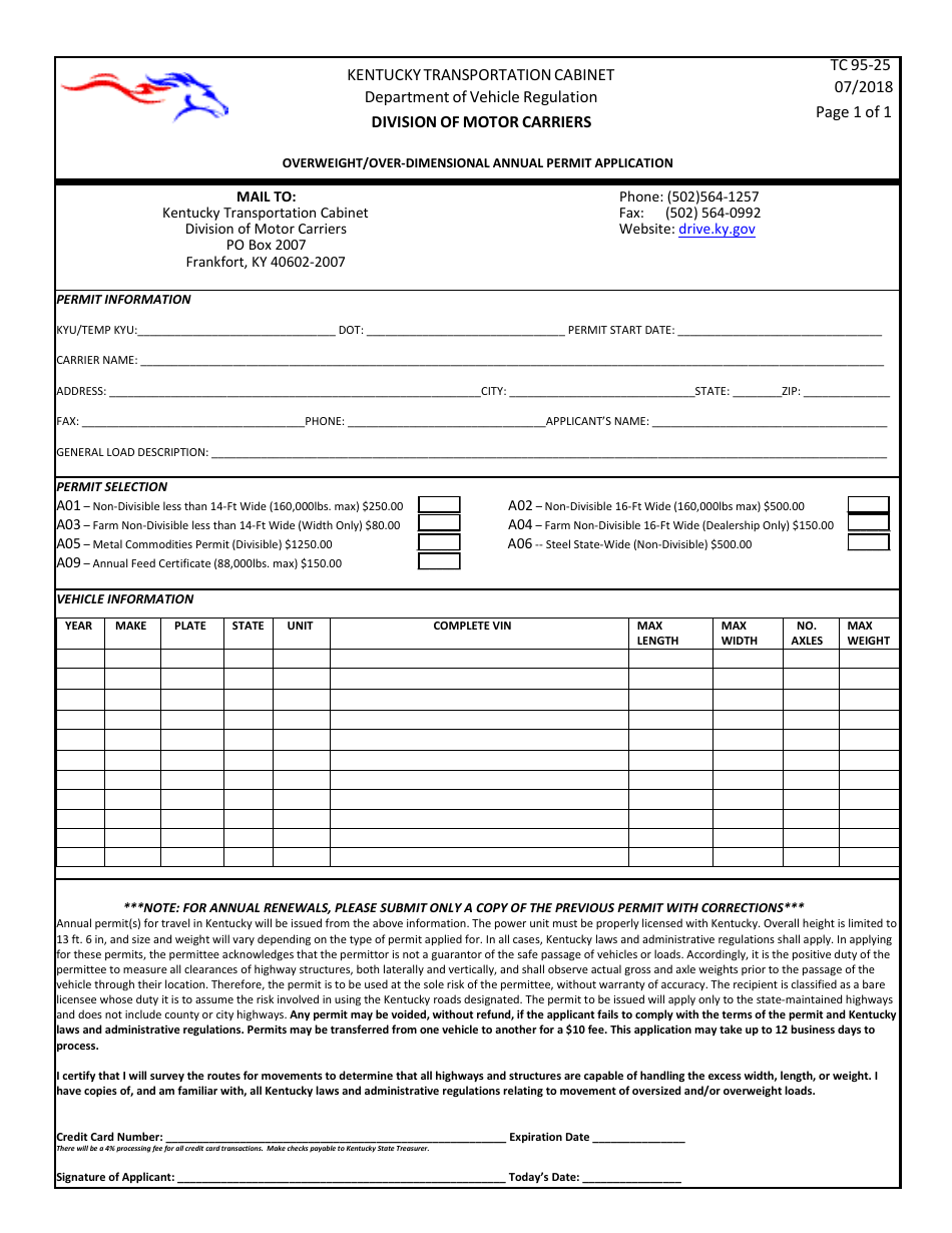 Form TC95-25 Overweight/Over-dimensional Annual Permit Application - Kentucky, Page 1