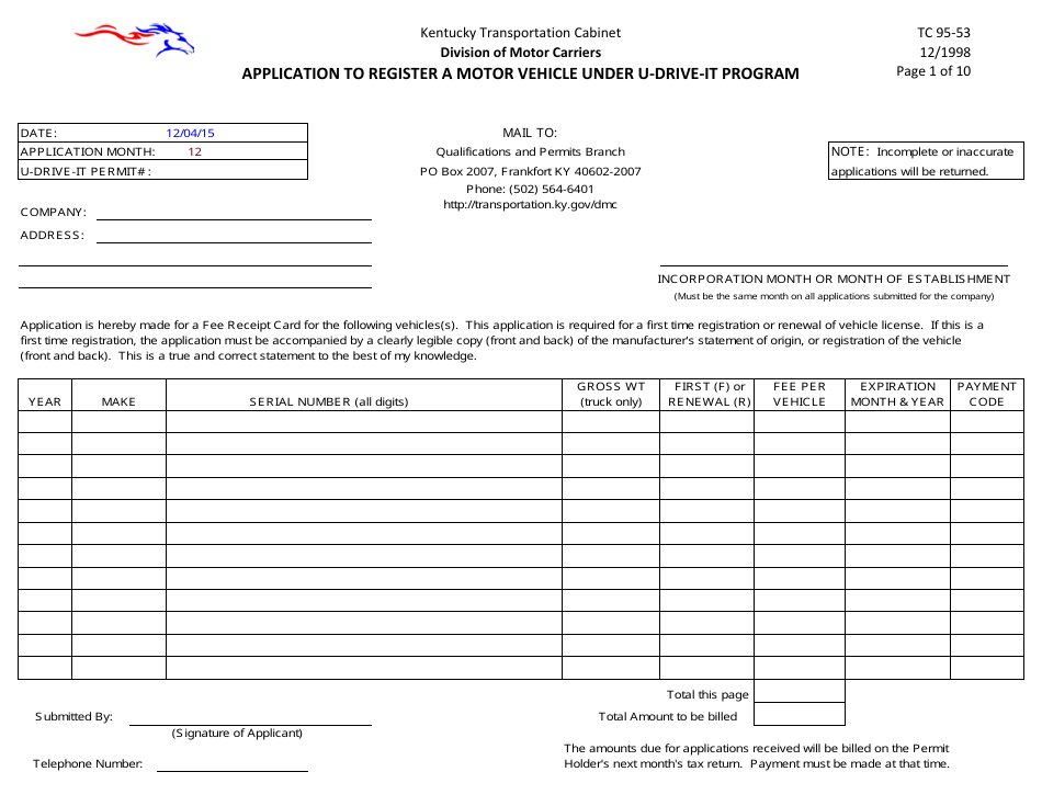 Form TC95-53 Application to Register a Motor Vehicle Under U-drive-it Program - Kentucky, Page 1