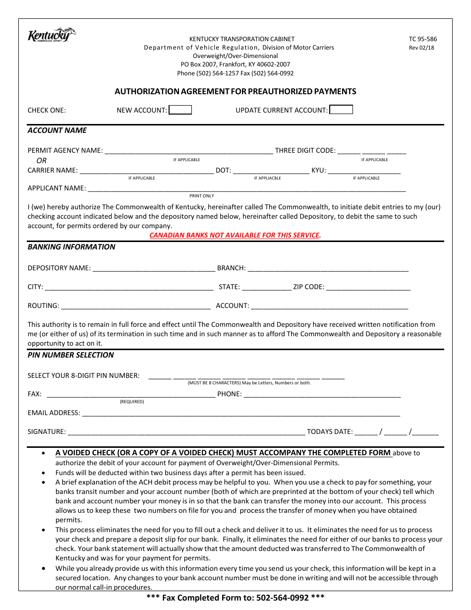 Form TC95-586 Authorization Agreement for Preauthorized Payments - Kentucky, Page 1