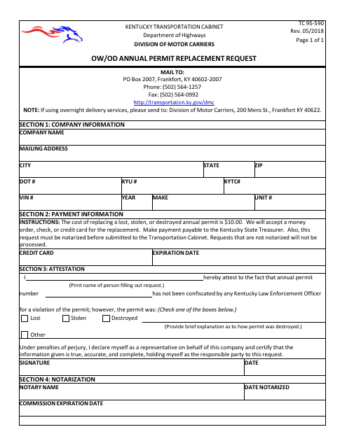 Form TC95-590 Ow/Od Annual Permit Replacement Request - Kentucky