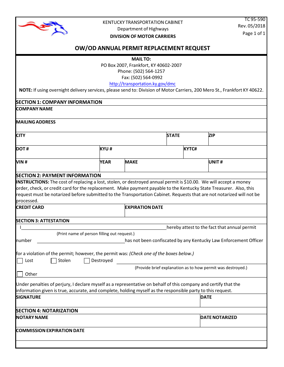 Form TC95-590 Ow / Od Annual Permit Replacement Request - Kentucky, Page 1