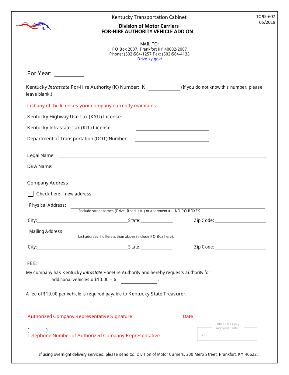 Form TC95-607 For-Hire Authority Vehicle Add on - Kentucky, Page 1