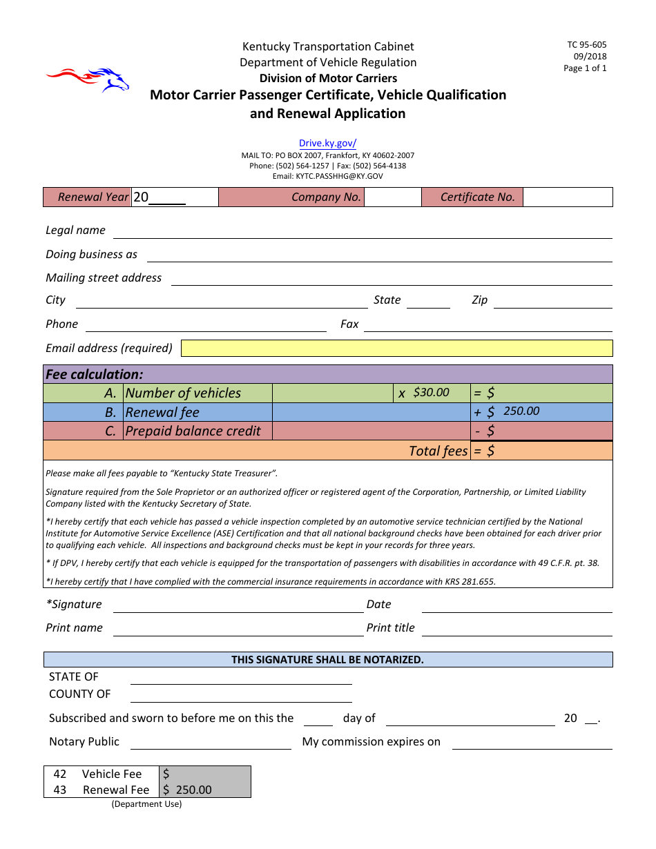Form TC95-605 Motor Carrier Passenger Certificate, Vehicle Qualification and Renewal Application - Kentucky, Page 1