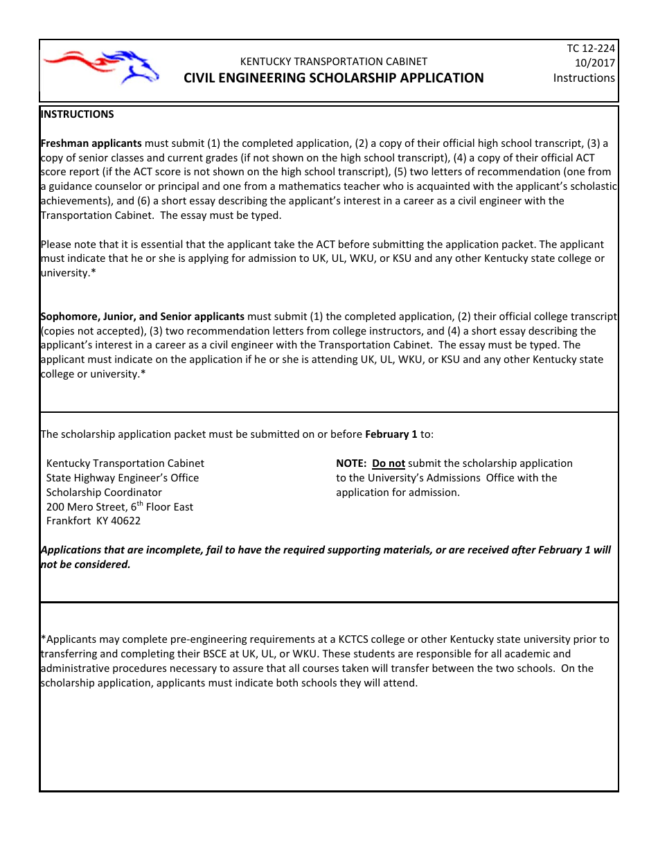 Form TC12-224 Civil Engineering Scholarship Application - Kentucky, Page 1
