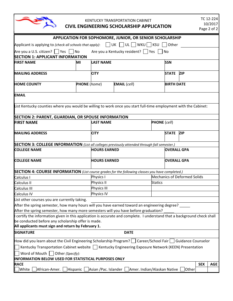Form TC12-224 Civil Engineering Scholarship Application - Kentucky, Page 3