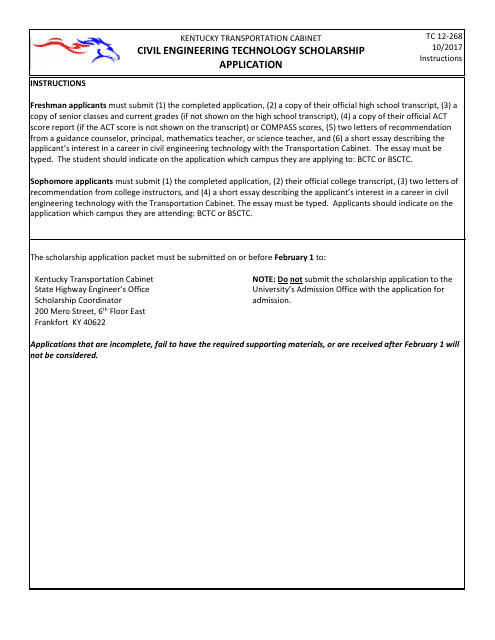 Form TC12-268 Civil Engineering Technology Scholarship Application - Kentucky