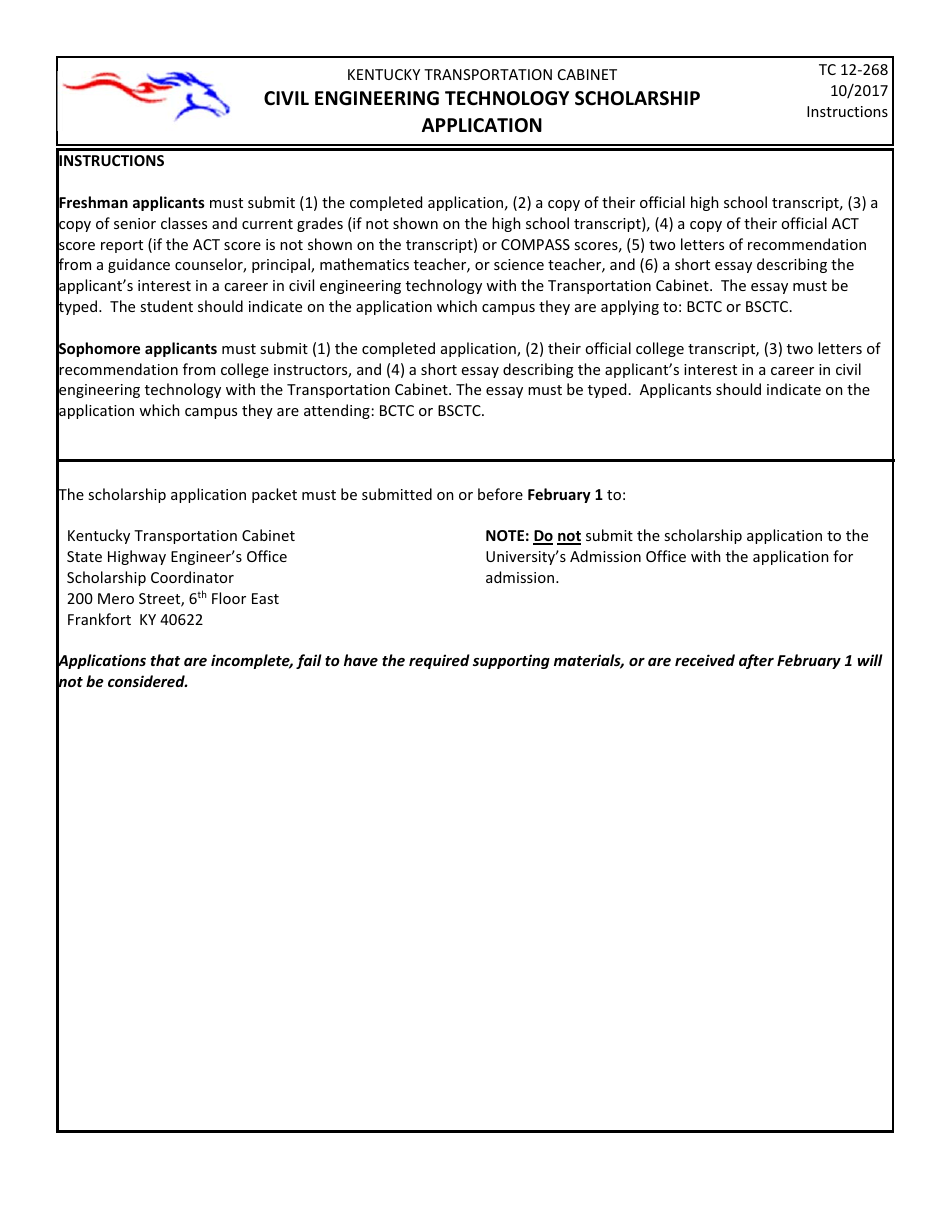 Form TC12-268 Civil Engineering Technology Scholarship Application - Kentucky, Page 1