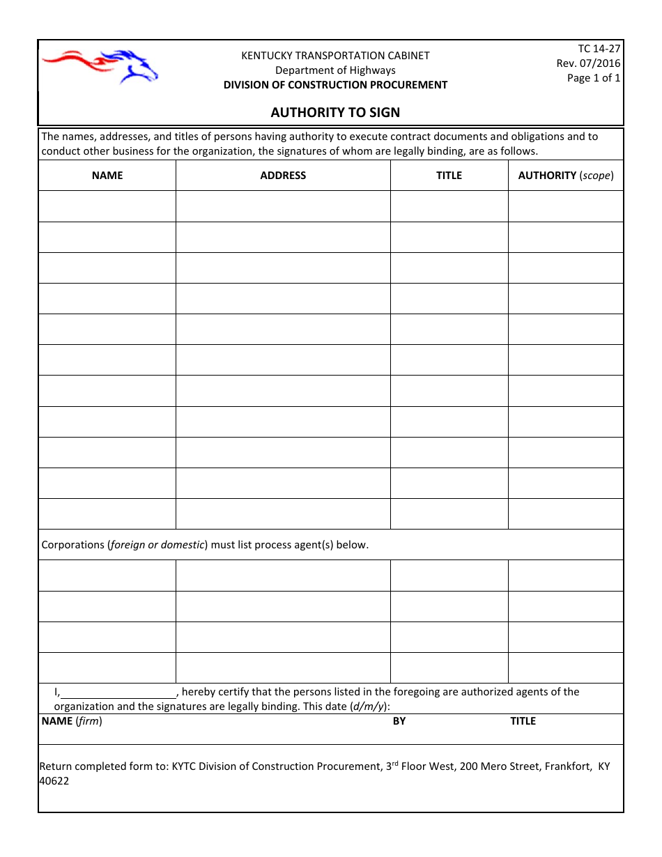 Form TC14-27 Authority to Sign - Kentucky, Page 1