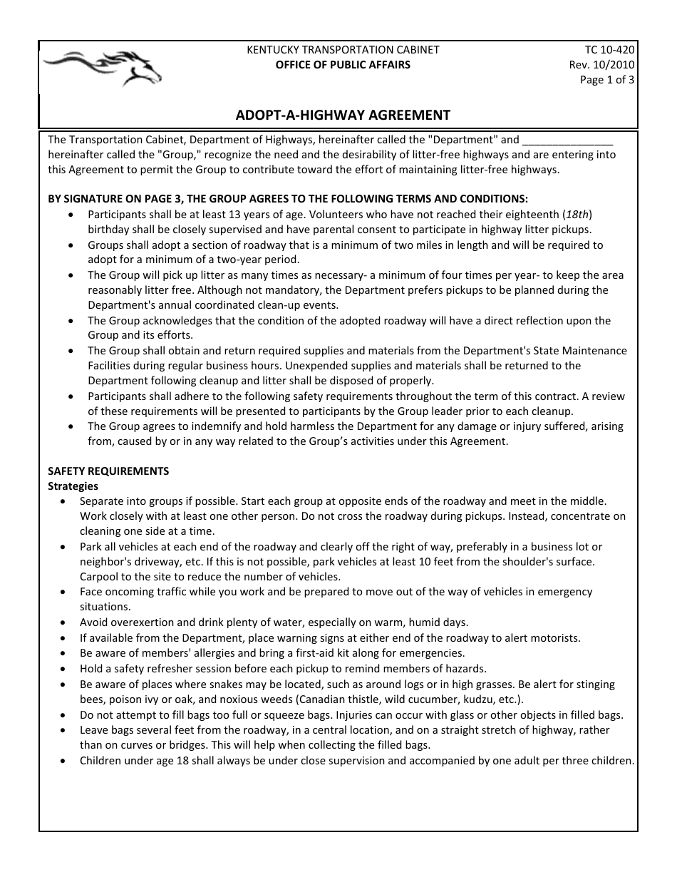 Form TC10-420 Adopt-A-highway Agreement - Kentucky, Page 1